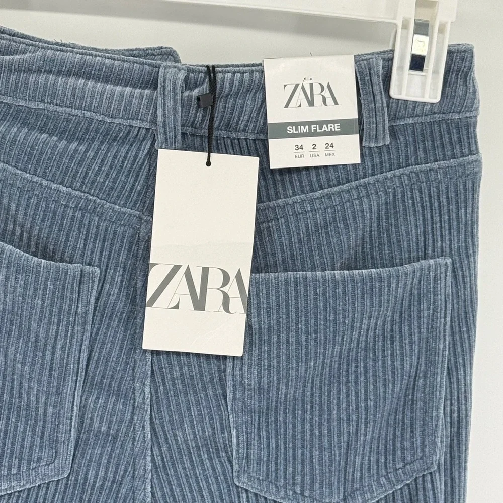 Zara Slim Flare Corduroy Pants Dusty Blue High Rise NWT Size 2 90s inspired